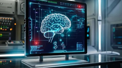 Poster - Visual representation of brain activity on a modern computer screen in a technology lab during daytime
