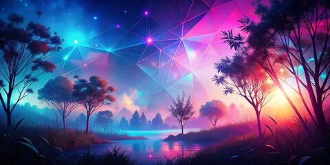 Poster - Holographic Pink Blue Nature Silhouette Abstract Background - Iridescent Gradient Stock Photo