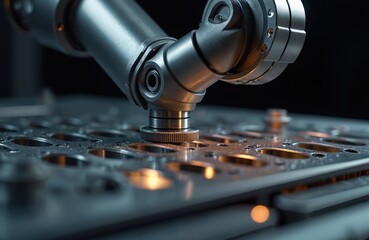 Poster - Robotic arm manipulates metal parts in 3D printing process, additive manufacturing. Automation, industrial tech, engineering innovation, generative AI, factory assembly line concept.
