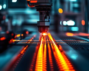 Poster - A close-up of a high-tech laser cutting machine in operation, emitting bright orange light as it precisely cuts through materials in a modern industrial setting.