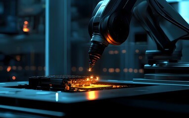 Poster - A close-up of a robotic arm precision-engineering a circuit board in a high-tech environment, showcasing innovation and modernity in electronics manufacturing.