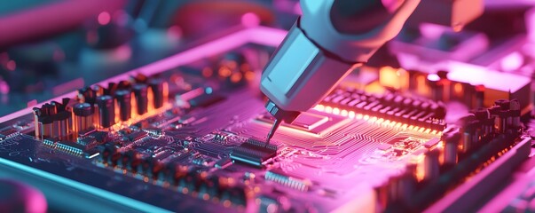 Poster - A close-up of a robotic arm testing a circuit board in a vibrant, high-tech environment.