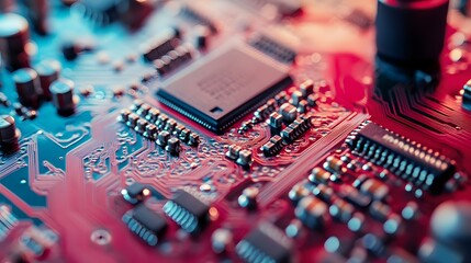 Poster - A close-up shot of a vibrant printed circuit board, showcasing intricate details of its components, wires, and connections, highlighting the beauty of technology in electronics.