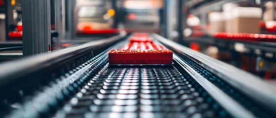 Poster - A close-up view of a conveyor belt transporting goods in a modern warehouse setting.