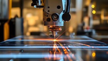 Poster - A close-up view of a laser cutting machine in action, showcasing precision and technology. The vibrant lighting highlights the intricate details of the cutting process on metal.
