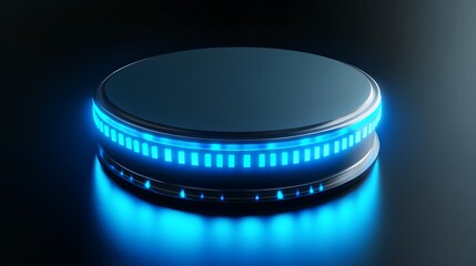 Poster - A futuristic circular device illuminated with vibrant blue lights. The sleek design and glowing edges create a modern aesthetic ideal for tech or digital-themed visuals.