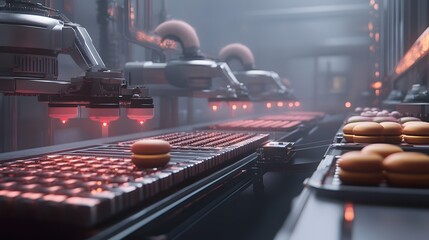 Poster - A futuristic food production line featuring automated machinery that assembles hamburgers. The scene showcases advanced technology in a modern industrial kitchen environment.