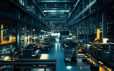 Poster - A modern industrial factory interior featuring machinery and production lines, illuminated in blue and yellow tones.