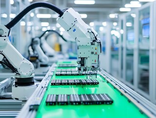 Poster - A robotic arm in a factory assembling components on a high-tech production line.