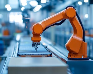 Poster - an advanced robotic arm working on an assembly line in a modern manufacturing facility.