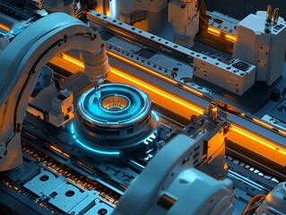 Poster - An advanced industrial robotic arm working on a metallic component in a high-tech manufacturing environment.