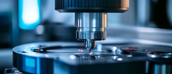 Poster - Close-up of a high-precision CNC machine in a modern industrial setting, showcasing technology and engineering excellence in manufacturing processes.