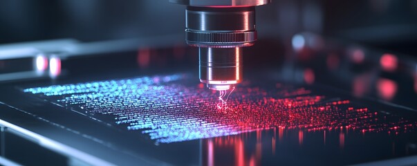 Poster - Close-up of a precision laser engraving machine in operation, showcasing intricate patterns being created on a surface with high-tech precision and vibrant color contrast.