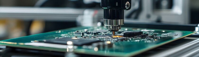Poster - Close-up of a precision instrument working on a circuit board, showcasing modern manufacturing technology in action.