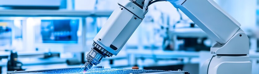 Poster - Close-up view of an advanced robotic arm operating in a modern industrial setting with high-tech equipment.