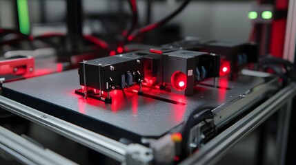 Poster - Close-up view of advanced red laser technology in a high-tech device with intricate components and vibrant lighting.