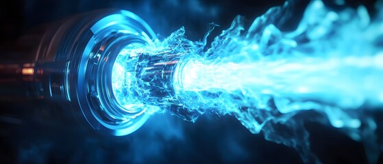 Poster - Futuristic technology showcasing vibrant blue energy stream emanating from a sleek device, perfect for innovation themes.