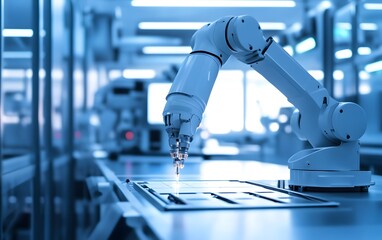 Poster - Futuristic robotic arm performing automation tasks in a modern laboratory environment.