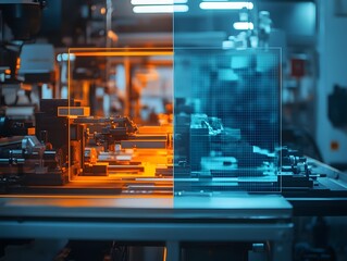 Poster - Futuristic industrial workstation showcasing advanced technology and innovation in automation and manufacturing processes.