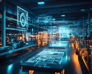 Poster - Futuristic industrial workspace showcasing advanced technology and holographic displays. The environment is illuminated with vibrant blue and orange lights, emphasizing innovation.