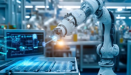Poster - High-tech robotic arm working on advanced manufacturing processes in a modern factory setting.