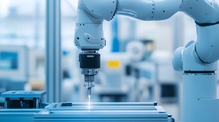 Poster - Precision robotic arm engaged in high-tech manufacturing process in modern factory setting.