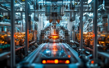 Poster - This high-tech industry photo showcases a futuristic manufacturing setup, featuring advanced machinery and automated processes in action, emphasizing innovation and efficiency.