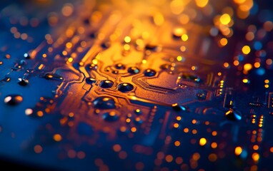 Poster - A close-up image showcasing a vibrant circuit board with droplets of water, highlighting technological details.