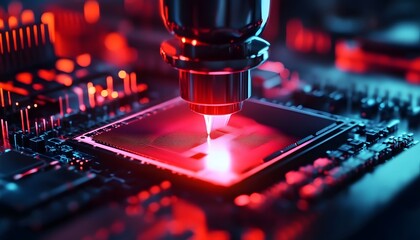 Poster - A close-up image showcasing a laser cutting through a microchip on a circuit board, illuminated by red lights, exemplifying advanced technology in electronics manufacturing.