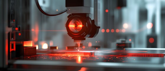 Poster - A close-up of a high-tech laser cutting machine in action, showcasing precision engineering and innovation in a modern industrial setting with vibrant red highlights.