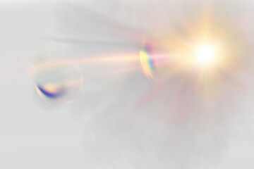 Wall Mural - glowing lens flare effect: sunbeam light burst overlay texture graphic element, on a white and trans