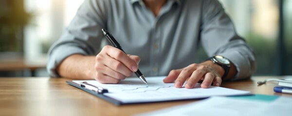 Poster - close-up shot of businessman using pen analyzing financial data graph, business report. man reviews 