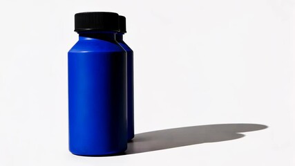Poster - Bright blue bottle casts bold shadow on a clean white background showcasing color and form