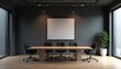 © Vadym - Modern office interior with copy space for advertising poster or logo. Spacious hall with conference table, wooden floor and dark wall. Boardroom furnished with chairs, plant pot near window.