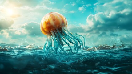 Poster - Mesmerizing photograph of a Portuguese Man O  War drifting across the ocean s surface its translucent blue sail gracefully catching the wind and creating a serene ethereal scene