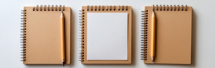 Wall Mural - Three notebooks with pencils on a white background, top view, flat lay