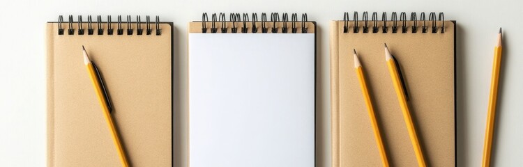Wall Mural - Three notebooks with white paper and pencils on the left against a white background