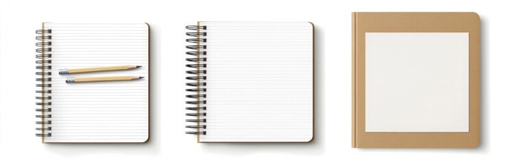 Wall Mural - Three spiral-bound notebooks with white lined paper and a pencil on the left