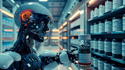 Poster - Robot in laboratory analyzing medication with advanced technology and precision