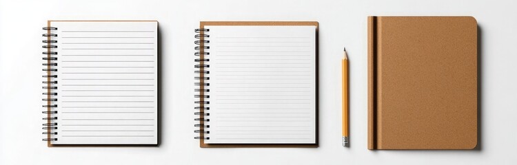Wall Mural - Three spiral-bound notebooks with white lined paper and a pencil on the left