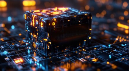 A cube with a black screen on it is surrounded by a lot of circuitry