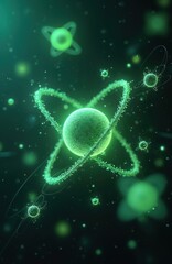 Poster - visualization of atomic structure with glowing green particles, orbiting electrons. image represents