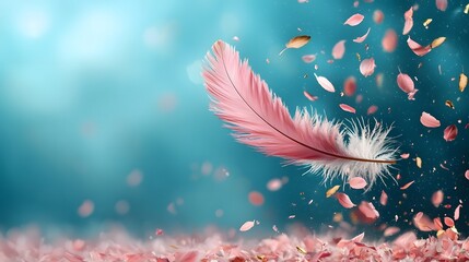 Poster - A minimalist and serene image showcasing a single feather floating gently in the air bathed in soft dreamlike lighting and a blurred atmospheric background
