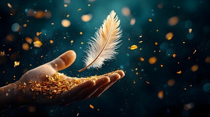 Poster - a minimalist and serene image of a single feather floating gently in the air surrounded by soft drea