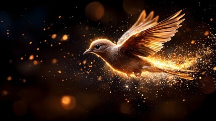 Poster - Celestial bird gliding gracefully through the starry night sky its wings trailing ethereal stardust as it soars among the glimmering stars in a serene otherworldly scene