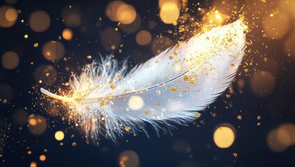 Wall Mural - white feather with golden particles and beams, softly blurred background.