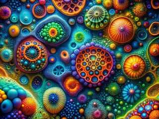 Poster - Microscopic Cellular Structures: Abstract Vibrant Hues & Intricate Patterns - Stock Photo