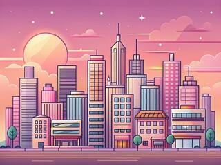Poster - Minimalist Cityscape Sketch, Pink Sunset Sky - Urban Art Illustration