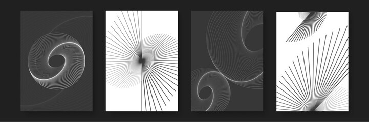 dynamic black and white abstract line patterns, spirals and curves in unique designs poster vector b
