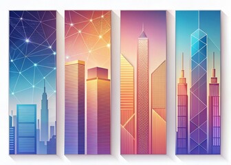 Aufkleber - Modern Thin Line Vertical Web Banners: Panoramic Cityscape, Abstract Geometric Designs, Minimalist Style
